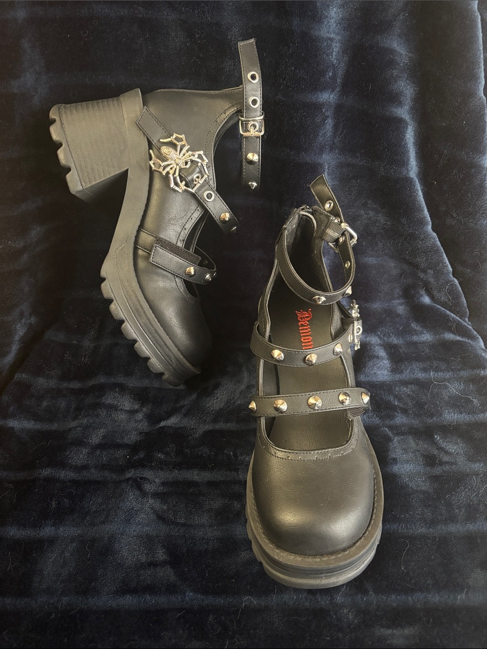 DEMONIA-30 Leather Platform Mary Jane Heels with Studded Straps - Black sz 7